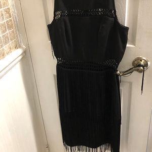 black cocktail fringe fitted dress